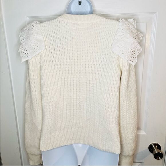LILLA P Eyelet Ruffle Shoulder Trimmed Crew Neck Ribbed Sweater White Size L - Picture 7 of 11